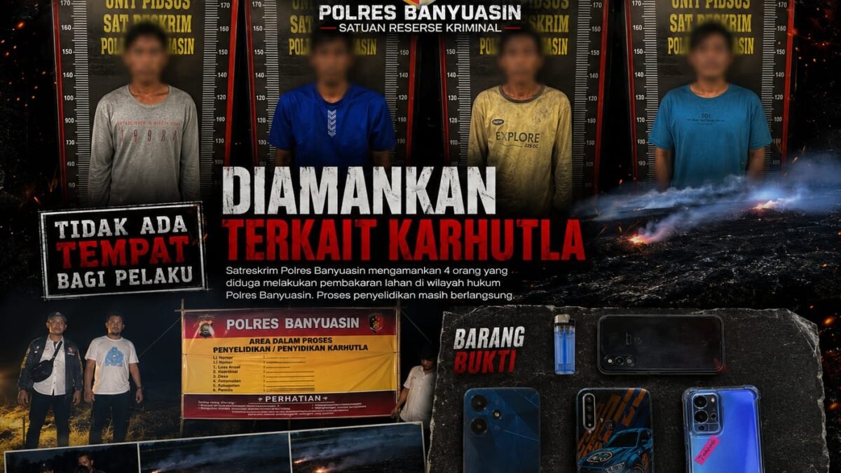 33 Hektar Lahan Hangus Dilalap Api, 4 Pelaku Pembakaran Diamankan Polres Banyuasin