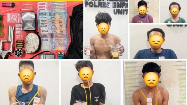 Petugas Satresnarkoba Polres Empat Lawang mengamankan terduga pelaku narkotika dan barang bukti sabu serta senjata api rakitan.