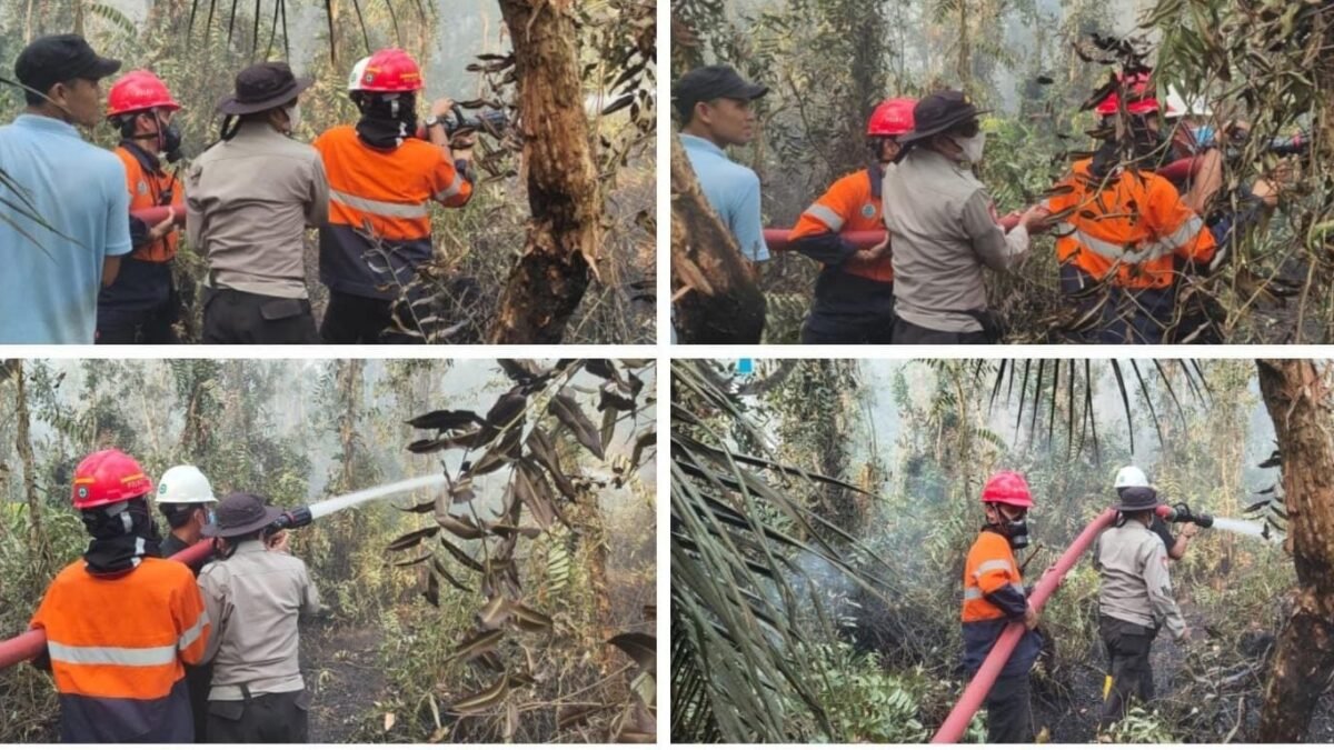 Petugas Polsek Banyuasin I dan tim gabungan memadamkan Karhutla di Desa Perajin.