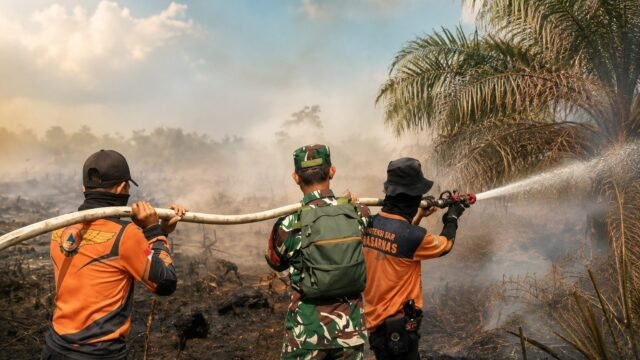 Petugas gabungan memadamkan api karhutla di Muara Enim yang masuk zona merah