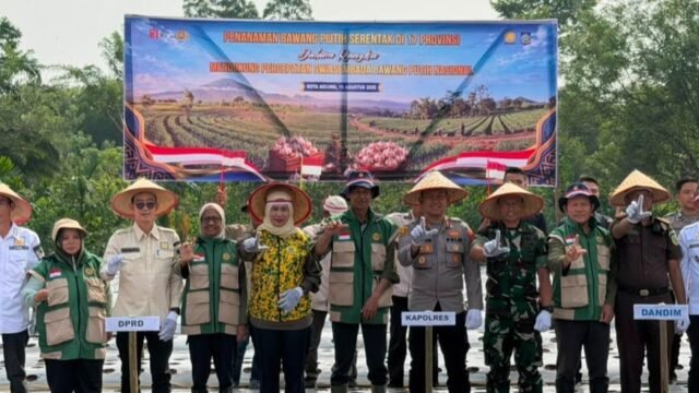 Kapolres Lahat AKBP Novi Edyanto bersama petani menanam bawang putih di lahan 15 hektare, wujudkan swasembada pangan Lahat.