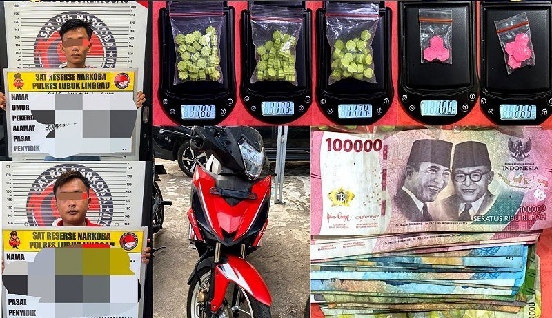 Petugas Satresnarkoba Polres Lubuk Linggau menunjukkan barang bukti 98 butir ekstasi yang disita dari dua pemuda.
