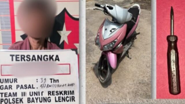 Petugas Tekab 204 Polres Muba mengamankan pelaku curanmor di Bayung Lencir beserta motor Vario hasil curian.