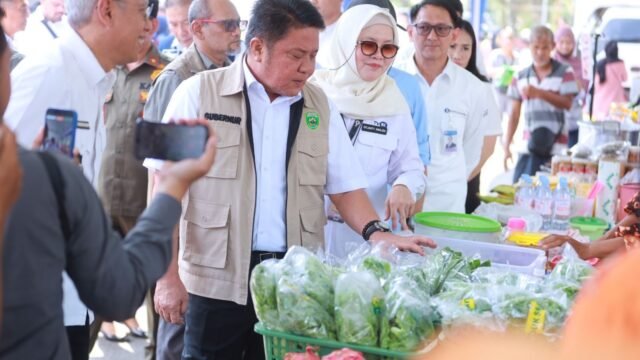 Gubernur Herman Deru meninjau Bazar Gerakan Pangan Murah untuk memastikan stok beras Sumsel aman.