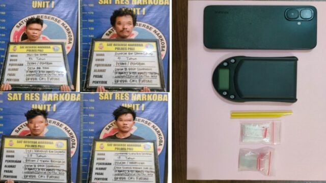 Petugas Satresnarkoba Polres PALI mengamankan empat tersangka dan barang bukti sabu 3,10 gram dalam penangkapan sabu di gudang Desa Semangus.