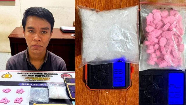 Petugas Satres Narkoba Polres Banyuasin mengamankan pengedar narkoba di Banyuasin beserta barang bukti sabu dan ekstasi.