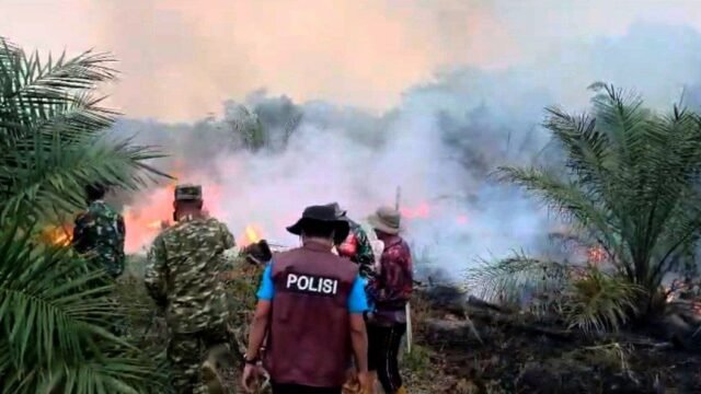 Petugas gabungan memadamkan api karhutla di Musi Rawas