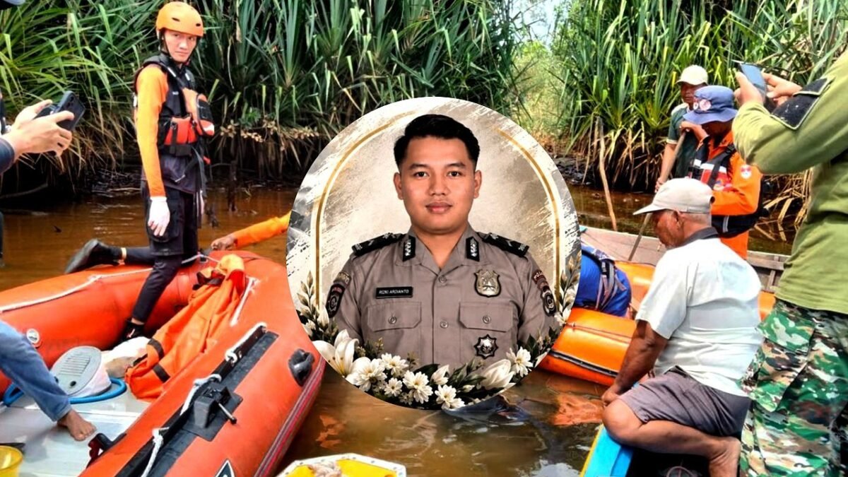 Tim gabungan mengevakuasi Bripda Rizki Ardianto setelah ditemukan di perairan Sungai Badak Mesuji Lampung.