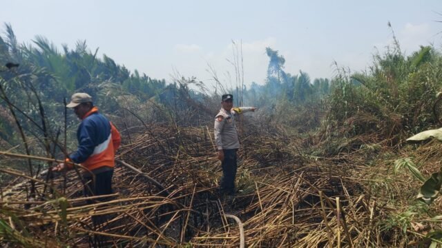 Petugas Bhabinkamtibmas dan masyarakat bahu-membahu tangani Karhutla di Desa Teluk Payo, Banyuasin.