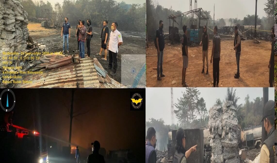Gudang pengolahan minyak ilegal yang terbakar di Babat Toman, Musi Banyuasin, saat polisi melakukan olah TKP.