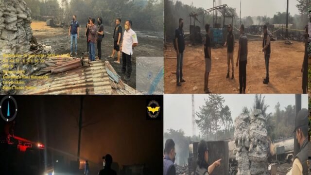 Gudang pengolahan minyak ilegal yang terbakar di Babat Toman, Musi Banyuasin, saat polisi melakukan olah TKP.