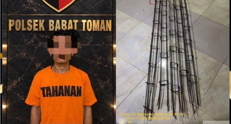 Barang bukti 24 kg besi behel dan angkong yang dicuri di Lawang Wetan, Musi Banyuasin