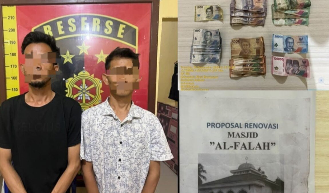 Dua pria tersangka penipuan renovasi masjid Al-Falah diamankan Polsek Babat Toman di Musi Banyuasin.