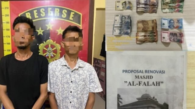 Dua pria tersangka penipuan renovasi masjid Al-Falah diamankan Polsek Babat Toman di Musi Banyuasin.