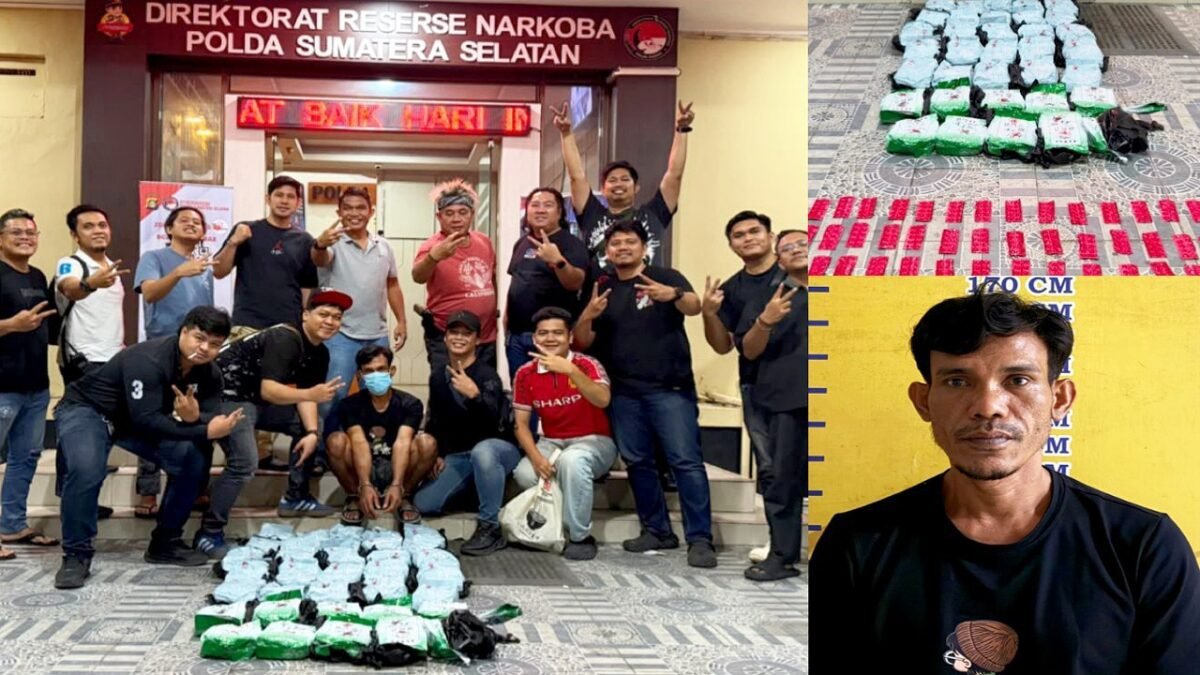 Petugas Polda Sumsel menunjukkan barang bukti 35 kg sabu dan 600 pil happy five yang digagalkan peredarannya di Muba.