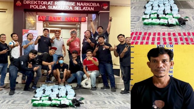 Petugas Polda Sumsel menunjukkan barang bukti 35 kg sabu dan 600 pil happy five yang digagalkan peredarannya di Muba.