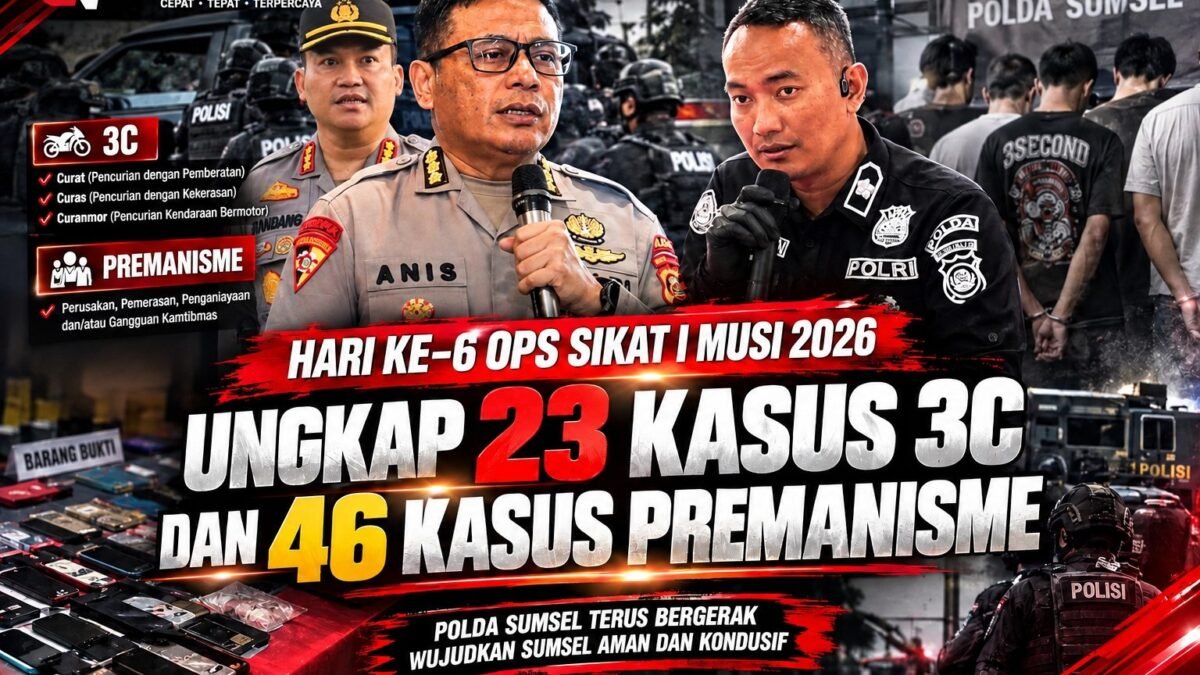 Petugas Polda Sumsel menunjukkan barang bukti hasil pengungkapan 23 kasus 3C dan 46 kasus premanisme dalam Operasi Sikat I Musi 2026.