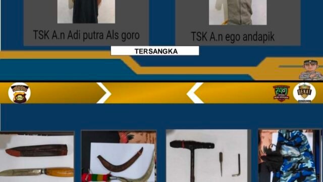 Petugas Polres OKU Selatan mengamankan dua pria yang membawa senjata tajam dan kunci T dalam Operasi Sikat Musi.